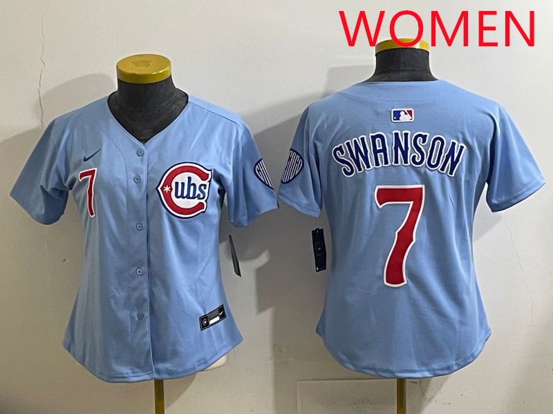 Women 2025 Chicago Cubs #7 Swanson Light Blue Game Nike MLB Jersey style 1->women mlb jersey->Women Jersey